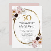 50誕生日バラ金ゴールド金属フローラパーティー 招待状 (正面/裏面)