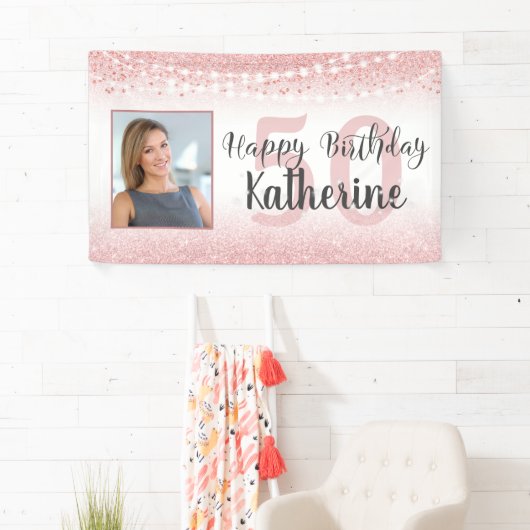 50誕生日バラ金ゴールドPiinkグリッターライト写真 横断幕 (インサイチュ)