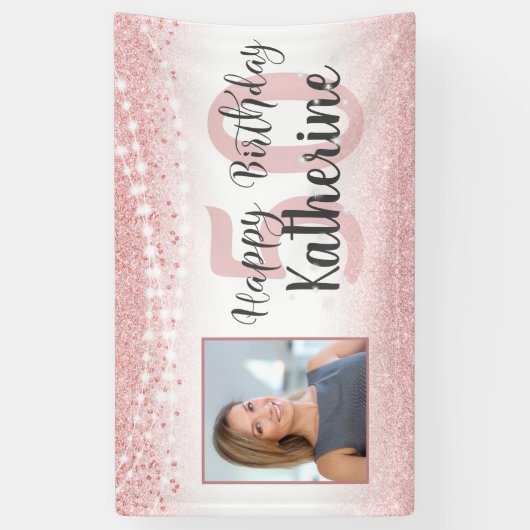 50誕生日バラ金ゴールドPiinkグリッターライト写真 横断幕 (縦)