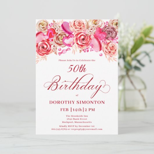 50誕生日バレンタインピンクローズ渦巻形のハート 招待状 (スタンド正面)