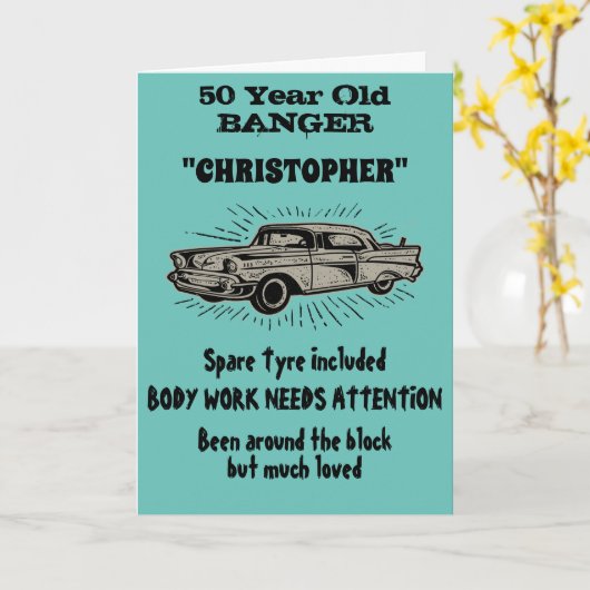 50誕生日バンガーラブヴィンテージカーレトロスタイル カード (黄色い花)