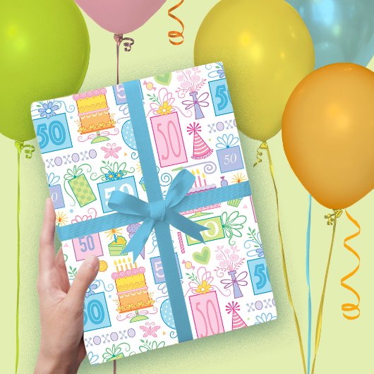 50誕生日パステルピンクケーキプレゼントバルーン ラッピングペーパーシート