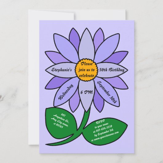 50誕生日パープシンプルルヒマワリ招待状 招待状 (正面)