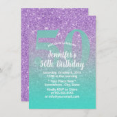 50誕生日パープモダンル&ティール（緑がかった色）グリッターグラデーション 招待状 (正面/裏面)