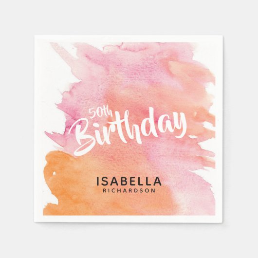 50誕生日ピンクとオレンジの水彩紙 スタンダードカクテルナプキン (正面)