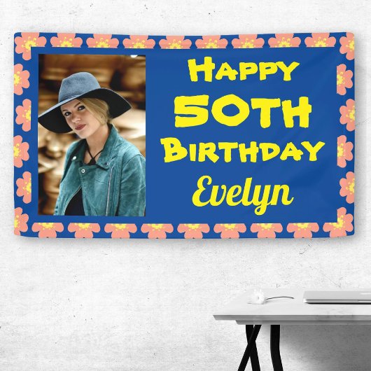 50誕生日ピンクの花写真 横断幕