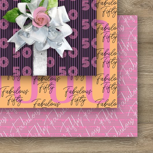 50誕生日ピンクオレンジタイポグラフィ番号 ラッピングペーパーシート