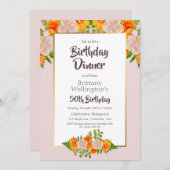 50誕生日ピンクオレンジ金ゴールドフローラパーティー 招待状 (正面/裏面)