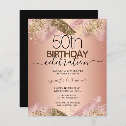 50誕生日ピンクグリッターパーティー予算招待状 (正面/裏面)