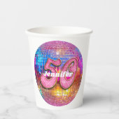 50誕生日ピンクグリッターGroovy 70sディスコボール 紙コップ (正面)