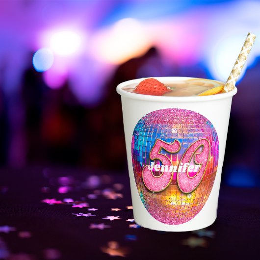 50誕生日ピンクグリッターGroovy 70sディスコボール 紙コップ