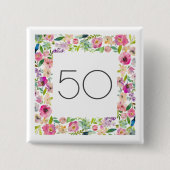 50誕生日ピンクフローラスクエアジュエリー 缶バッジ (正面)