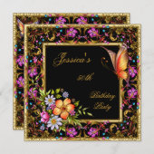 50誕生日ピンクフローラ蝶金ゴールドブラック 招待状 (正面/裏面)