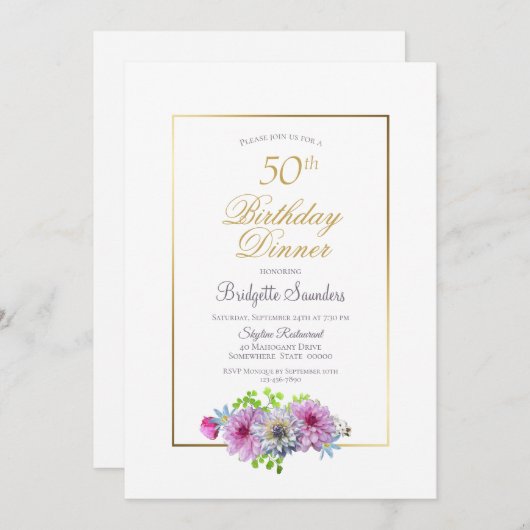 50誕生日ピンクブルーフローラ金ゴールドディナ縁どー 招待状 (正面/裏面)