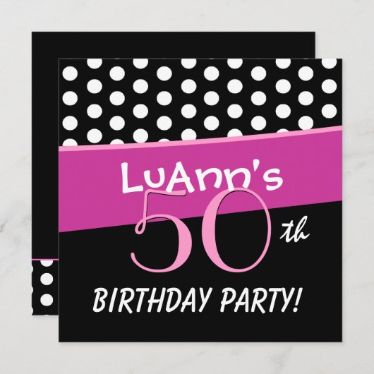 50誕生日ピンクホワイトレッド水玉模様D422 招待状 (正面/裏面)