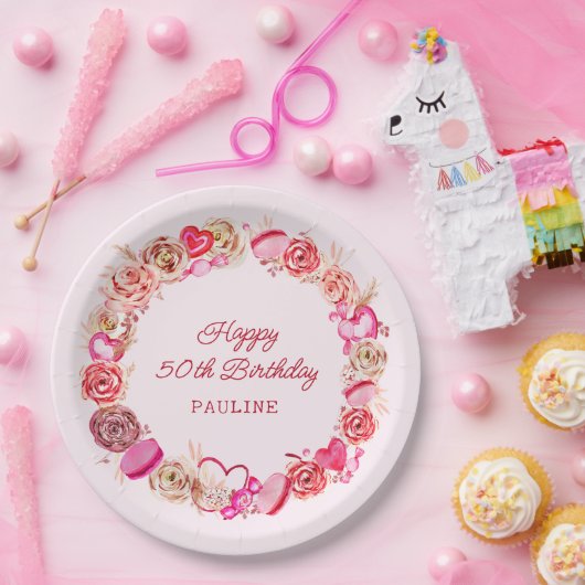 50誕生日ピンクローズ渦巻形のハート ペーパープレート (パーティー)