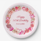 50誕生日ピンクローズ渦巻形のハート ペーパープレート (正面)