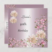 50誕生日ピンクロータスブロッサムフローラ 招待状 (正面/裏面)