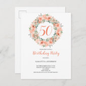 50誕生日ピーチウォーターカラーフローラ インビテーションポストカード (正面/裏面)