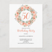 50誕生日ピーチウォーターカラーフローラ インビテーションポストカード (正面)