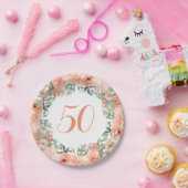 50誕生日ピーチフローラ水彩 ペーパープレート (パーティー)
