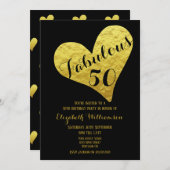 50誕生日ファブラス50ブラック |金ゴールドフェイクハート 招待状 (正面/裏面)