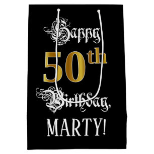 50誕生日ファンシー～スクリプフェイクト；金ゴールド検索；名前 ミディアムペーパーバッグ