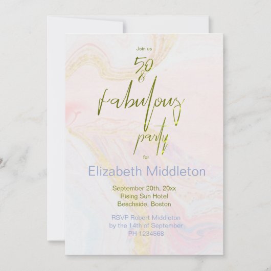 50誕生日フェイブルピンクブルー金ゴールド大理石 招待状 (正面)