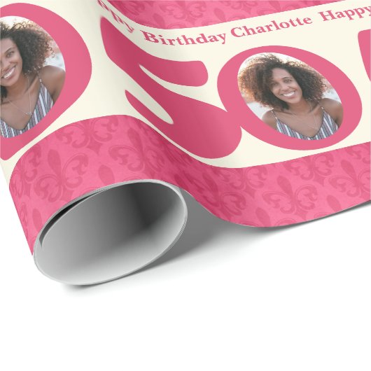 50誕生日フォトおもしろいクリームピンク ラッピングペーパー (ロールコーナー)