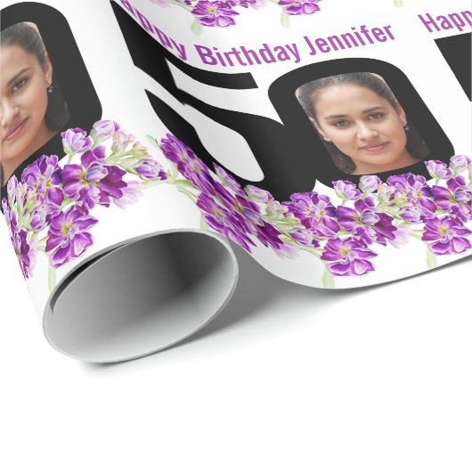 50誕生日フォトおもしろいモノと紫の花 ラッピングペーパー (ロールコーナー)