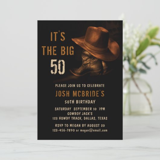 50誕生日フォトカウボーイ素朴ハットブーツ 招待状 (スタンド正面)