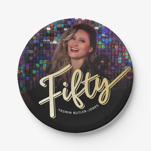 50誕生日フォトカスタムスクリプト金ゴールド色 ペーパープレート (正面)
