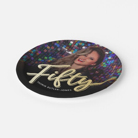 50誕生日フォトカスタムスクリプト金ゴールド色 ペーパープレート (アングル)