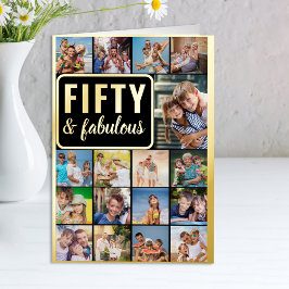 50誕生日フォトコラージュ黒と金ゴールド 箔グリーティングカード