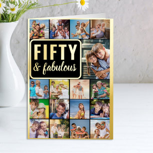 50誕生日フォトコラージュ黒と金ゴールド 箔グリーティングカード