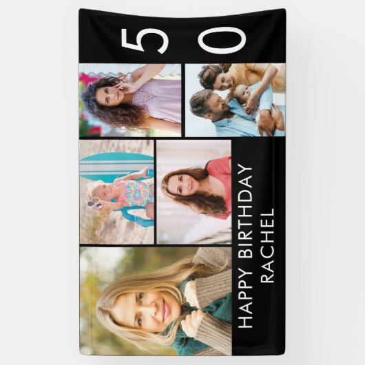 50誕生日フォトコラージュ5写真白黒 横断幕 (縦)