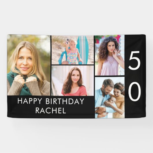 50誕生日フォトコラージュ5写真白黒 横断幕 (横)