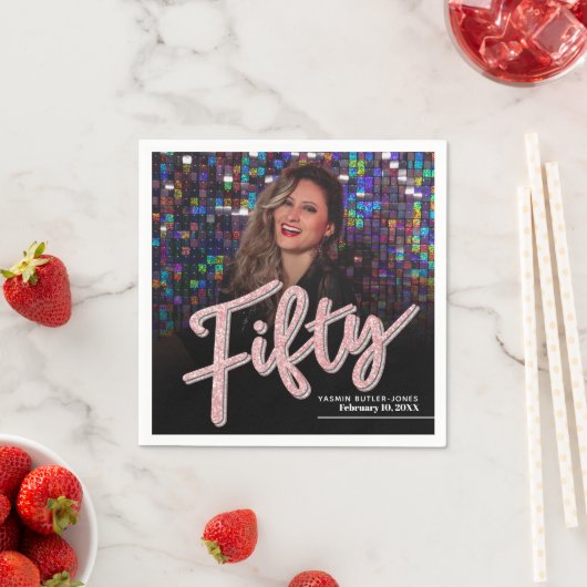 50誕生日フォトスカスタムクリプトピンク スタンダードカクテルナプキン (インサイチュ)