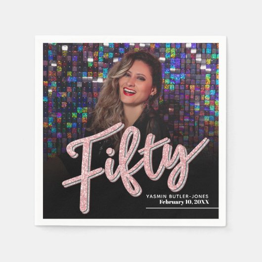 50誕生日フォトスカスタムクリプトピンク スタンダードカクテルナプキン (正面)