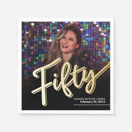 50誕生日フォトスカスタムクリプト金ゴールド スタンダードカクテルナプキン (正面)