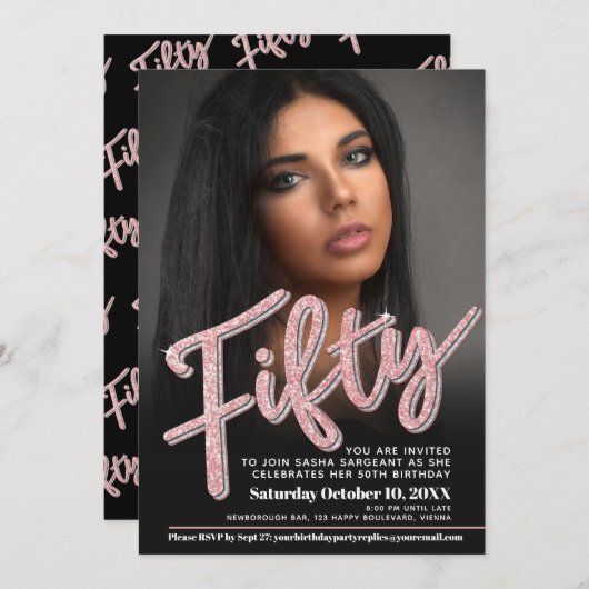 50誕生日フォトスクリプトグリッターバラピンク 招待状 (正面/裏面)