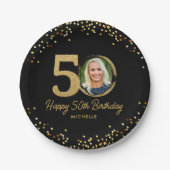 50誕生日フォトフォトシックブラック金ゴールドグリッターカスタム ペーパープレート (正面)
