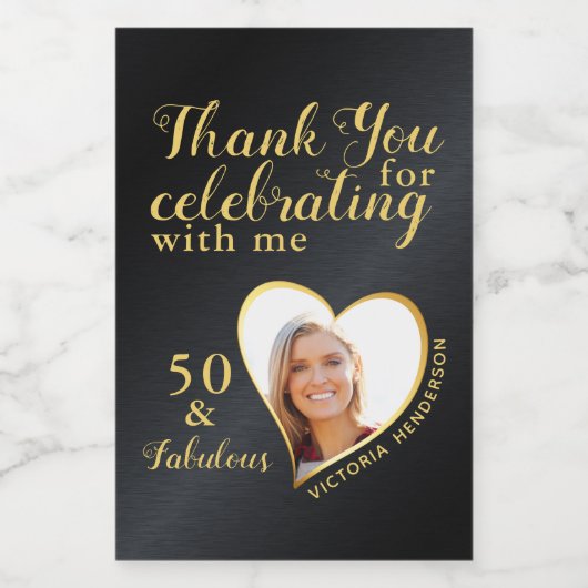 50誕生日フォトブラックと金ゴールドありがとう ワインラベル (シングルラベル)