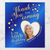 50誕生日フォトブルー王室のと金ゴールドありがとう ワインラベル (シングルラベル)