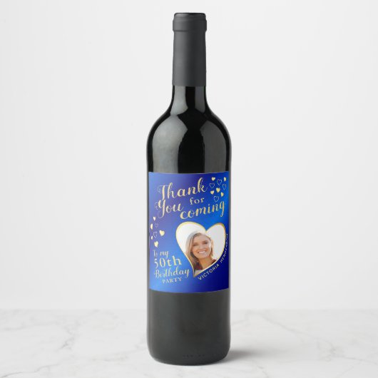 50誕生日フォトブルー王室のと金ゴールドありがとう ワインラベル (正面)
