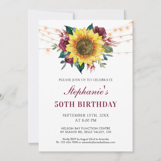 50誕生日フローラひまわり糸ライトパーティー 招待状 (正面)