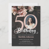 50誕生日フローラソフトピンク緑青エレガント写真 招待状 (正面)