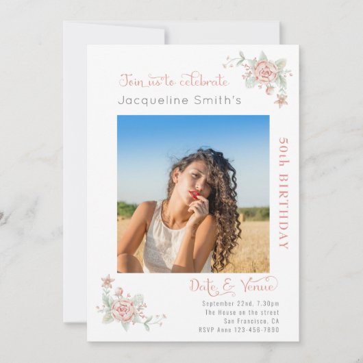 50誕生日フローラフォト招待状 招待状 (正面)