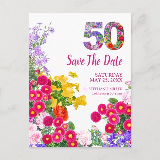 50誕生日フローラモダン日付の保存 案内ポストカード (正面)