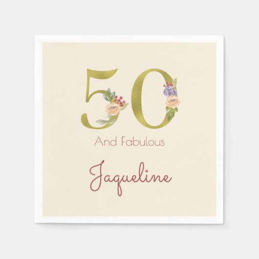 50誕生日フローラ金ゴールドエレガントシック スタンダードカクテルナプキン (正面)